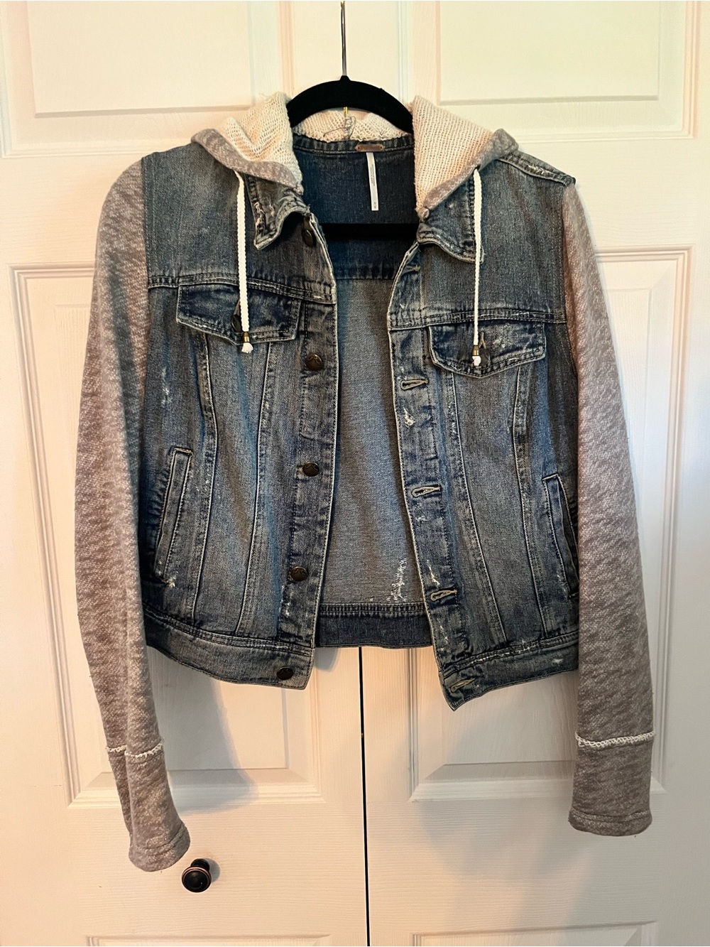 Free People Two-Tone Hooded Denim Jacket in Blue and Gray